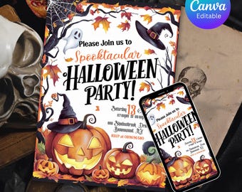 May include: A Halloween party invitation featuring pumpkins, a witch's hat, and autumn leaves. The invitation says "Spooktacular Halloween PARTY!" and includes event details. A smartphone shows the same invitation.