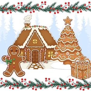 Può includere: Illustrazione festosa di una casa di pan di zenzero, albero di Natale, regalo e omino di pan di zenzero. La casa ha glassa bianca e dettagli di bastoncini di zucchero. L'albero è decorato con caramelle e una stella. L'omino di pan di zenzero tiene un bastoncino di zucchero.