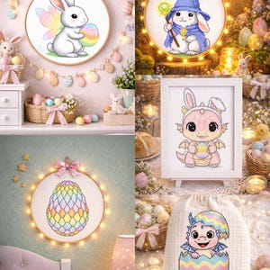 Può includere: Una collezione di ricami a punto croce a tema pasquale. Include un coniglietto con ali di fata, un coniglietto mago, un drago rosa con orecchie da coniglio e un baby drago che esce da un uovo. Ogni pezzo è incorniciato o esposto in modo decorativo.