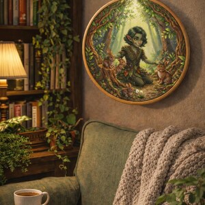 Può includere: Un telaio da ricamo rotondo con una scena di foresta con una figura seduta e conigli. L'opera d'arte è incorniciata in un telaio di legno e appesa a una parete sopra una poltrona verde. Una coperta accogliente e una tazza di tè completano la scena rilassante.