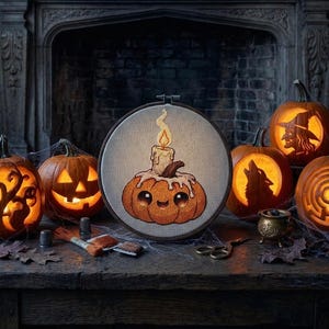 Può includere: Una scena di Halloween con zucche intagliate e illuminate, raffiguranti una strega, un lupo e un labirinto. Un telaio per ricamo a punto croce mostra una zucca con una candela. La scena è su un tavolo di legno con foglie autunnali.