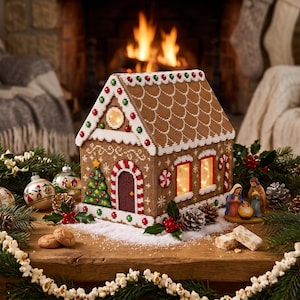 Weihnachts-Lebkuchenhaus-Kreuzstichmuster | 3D-Weihnachtshaus | Digitales PDF | Fester Aida-Stoff