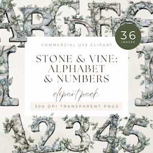 May include: A digital clipart pack featuring stone-textured alphabet letters and numbers, adorned with green vines. The image includes the text "STONE & VINE: ALPHABET & NUMBERS clipart pack" and "36 IMAGES". The clipart is designed for commercial use.