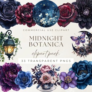 Minuit Botanica aquarelle Clipart Pack, Moody Dark Academia fleurs florales gothiques noirs bleu foncé, faire-part de mariage éphémères de scrapbooking