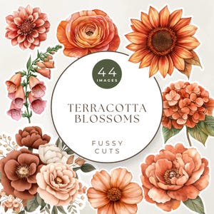 May include: A collection of terracotta-colored floral images, including dahlias, sunflowers, and peonies. The images are labeled "Terracotta Blossoms" with "44 Images" and "Fussy Cuts" text. The flowers are in shades of orange, peach, and brown.