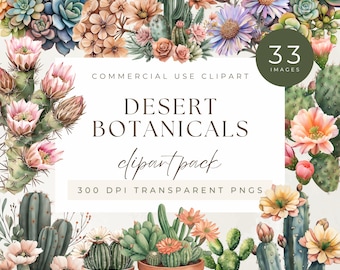 Desert Botanicals Watercolor Clipart Pack, Cactus Succulent Prickly Pear Mexican Western Boho Plant Flower, Instant Digital Download PNGs