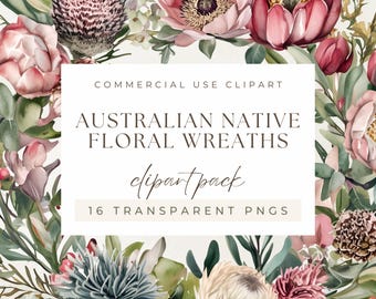 Australian Native Floral Wreaths Watercolor Clipart, Wildflowers, Flowers, Transparent PNGs, Commercial Use, Instant Digital Download