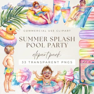 May include: Watercolor clipart set with a summer pool party theme. Includes illustrations of children, pool floats, a duck float, ice cream, a water slide, and the text "Summer Splash Pool Party". 33 transparent PNGs.