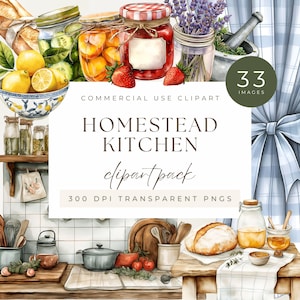 Könnte beinhalten: Aquarellillustration einer Küche auf einem Bauernhof. Gläser mit Konserven, Zitronen und Lavendel werden gezeigt. Der Text lautet "HOMESTEAD KITCHEN clipartpack" und "33 images". Ein rustikales, ländliches Thema.