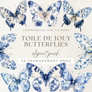 Toile de Jouy Butterflies Watercolor Clipart Pack, Blue Chintz Chinoiserie Vintage Floral Print Pattern, Scrapbook Junk Journal Ephemera