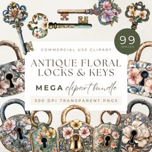 Mega paquete de imágenes prediseñadas de acuarela de cerraduras y llaves florales antiguas, 99 gráficos premium, detalles de motivos ornamentales victorianos vintage, aniversario de bodas