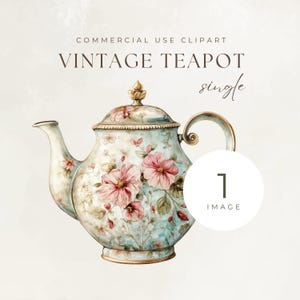 May include: Watercolor illustration of a vintage teapot with a floral design. The teapot is white with a light blue background and pink flowers. The text "VINTAGE TEAPOT" is above the teapot.