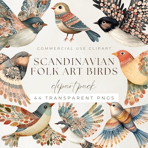 Könnte beinhalten: Eine Sammlung von Aquarell-Cliparts mit skandinavischen Volkskunstvögeln. Die Vögel weisen detaillierte Muster in Blau-, Orange- und Brauntönen auf. Der Text "Scandinavian Folk Art Birds clipart pack 44 transparent PNGs" ist enthalten.
