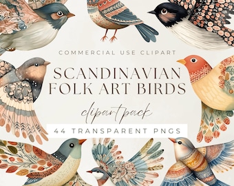 May include: A collection of watercolor Scandinavian folk art bird clip art. The birds feature detailed patterns in shades of blue, orange, and brown. The image includes the text "Scandinavian Folk Art Birds clipart pack 44 transparent PNGs."