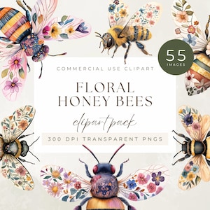 Floral Honey Bees Watercolor Clipart Pack, Spring Garden Botanical Bumblebees, Commercial Use Flowers Nature Scrapbook Ephemera Junk Journal