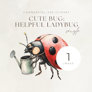 Cute Bug: Helpful Ladybug Watercolor Clipart Image, Digital Spring Insect Illustration Drawing, Watering Can Garden, Commercial Use Clip Art