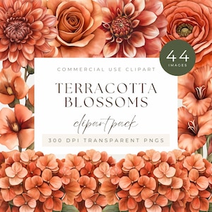 Pacchetto clipart di fiori di terracotta in acquerello, bouquet di fiori botanici, caldo arancione bruciato, ruggine, invito al matrimonio del Ringraziamento
