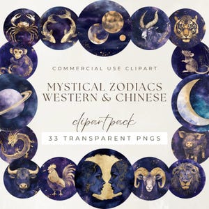 Zodiaques mystiques : pack de cliparts aquarelle occidentaux et chinois, signe astrologique astronomie horoscope astronomie, balance verseau capricorne lion scorpion
