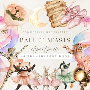 Könnte beinhalten: Aquarell-Clipart "Ballett-Bestien" mit Tieren in Ballettkleidung. Enthält einen Leoparden, Tiger, Waschbären, Kaninchen und eine Katze. Außerdem Ballettschuhe, Noten, einen Rosenstrauß und einen Halbmond.