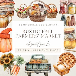 Pack de cliparts aquarelle rustique marché fermier d'automne, automne citrouille, pomme, miel, confiture, tarte, épices, récolte saisonnière, produits faits main confortables