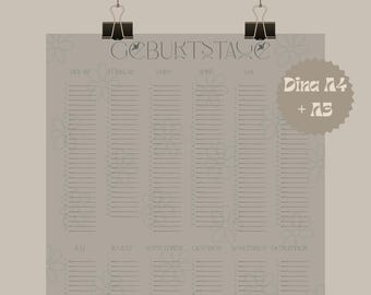 Perpetual birthday calendar poster | Perpetual calendar with floral motif | Semi-matte wall calendar | Scandinavian style decor