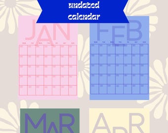 Printable Undated Yearly Calendar 2025 | Minimalist Pastel Wall Planner | A4 & A3 Downloadable | Reusable Digital Calendar for iPad or Print