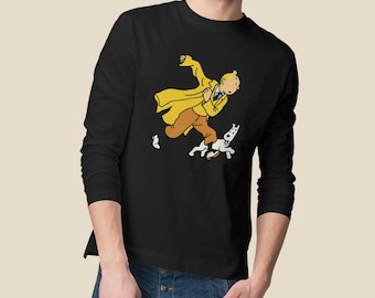 T-shirt graphique à manches longues Tintin | T-shirt unisexe de bande dessinée 100 % coton | Cadeau pour lui