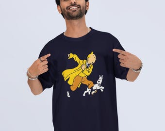 T-shirt graphique Tintin pour homme | Demi-manches 100 % coton | Cadeau chemise comique pour lui