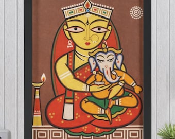 Ganesh Parvati - Peinture inspirée de Jamini Roy | Impression d'art encadrée | 18 x 24 pouces