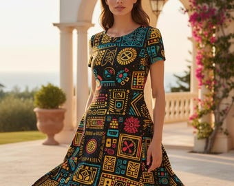 Robe midi tribale géométrique pour femme | Robe trapèze bohème colorée
