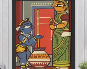 Bal Krishna et Yasoda | Peinture authentique inspirée de Jamini Roy | Impression d'art encadrée | 18 x 24 pouces