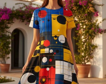 Midi-robe géométrique abstraite pour femme | Robe d'été trapèze color block