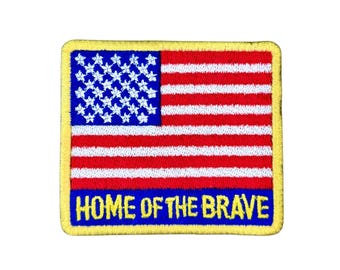 Remendo bordado com bandeira patriótica dos EUA - Lar dos bravos - Remendo de 3 polegadas para passar a ferro para chapéus, jaquetas, coletes, mochilas