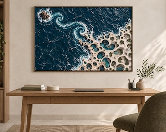 Architektur-Kunstdruck „Ozean“, „Bewohnter Fluss“, Landschaftsposter in Blau und Elfenbein