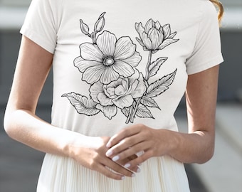 Floral Sketch Cotton T-Shirt: Minimalist Botanical Line Art