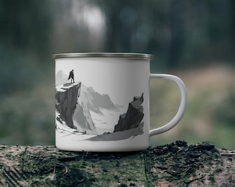 Enamel Camping Mug: Mountain Campfire Design, Hiker Gift