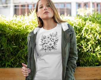 Black & White Bouquet #14 Floral Graphic T-Shirt, Minimal Botanical Tee