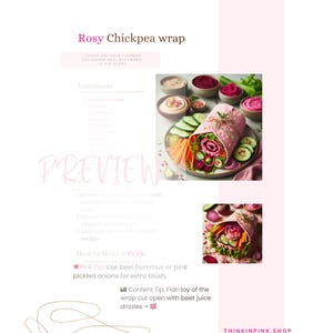 K&ouml;nnte beinhalten: Ein Rezept f&uuml;r einen rosigen Kichererbsen-Wrap wird auf rosa Hintergrund angezeigt. Das Bild zeigt einen Wrap gef&uuml;llt mit Gem&uuml;se, Hummus und rosa Zutaten. Der Text enth&auml;lt "Rosy Chickpea wrap" und "How to Make it PINK". Die Website-Adresse ist ebenfalls sichtbar.