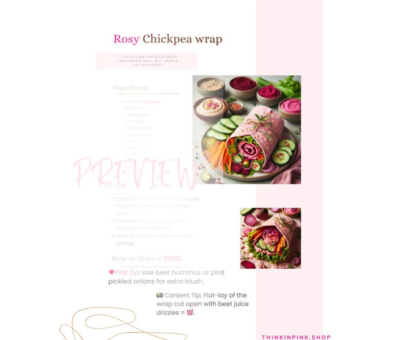 K&ouml;nnte beinhalten: Ein Rezept f&uuml;r einen rosigen Kichererbsen-Wrap wird auf rosa Hintergrund angezeigt. Das Bild zeigt einen Wrap gef&uuml;llt mit Gem&uuml;se, Hummus und rosa Zutaten. Der Text enth&auml;lt "Rosy Chickpea wrap" und "How to Make it PINK". Die Website-Adresse ist ebenfalls sichtbar.