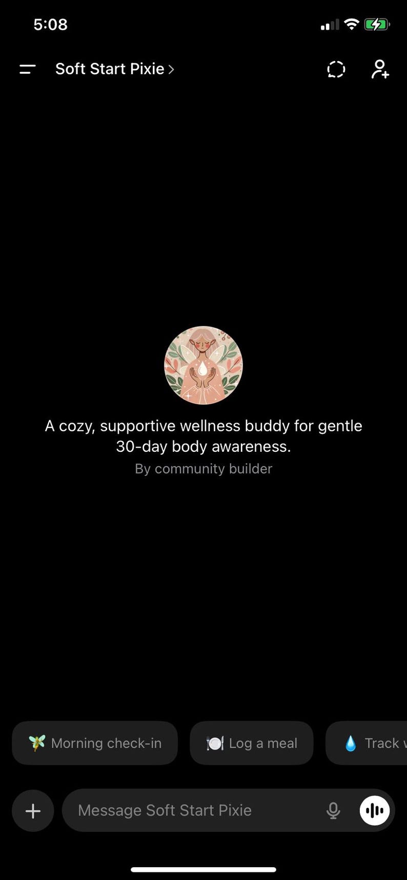 May include: A mobile app interface with a black background. The app is called "Soft Start Pixie" and promotes 30-day body awareness. The app's logo is a circular illustration of a fairy. The text reads: "A cozy, supportive wellness buddy for gentle 30-day body awareness."