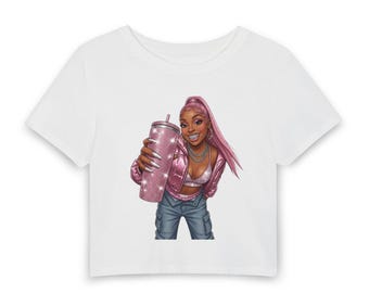 Pink Hair Girl Tumbler Graphic Baby Tee | Women's Cropped Cartoon Apparel