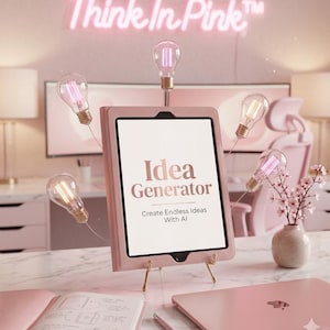 Puede incluir: Un espacio de trabajo rosa con una tableta con el texto "Idea Generator", un portátil y un cuaderno. La escena está iluminada por bombillas y un letrero de neón "Think In Pink", creando un ambiente creativo e inspirador.