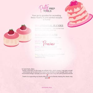 K&ouml;nnte beinhalten: Eine rosa Grafik mit dem Text "Pretty Prep Tools" und einem Stapel Pfannkuchen mit einer Kirsche oben drauf. Zwei kleine Kuchen mit Erdbeeren sind ebenfalls abgebildet. Der Text lautet: "Ihre Goodies zum Nachkochen dieser gesunden und pink-perfekten Rezepte zu Hause!"