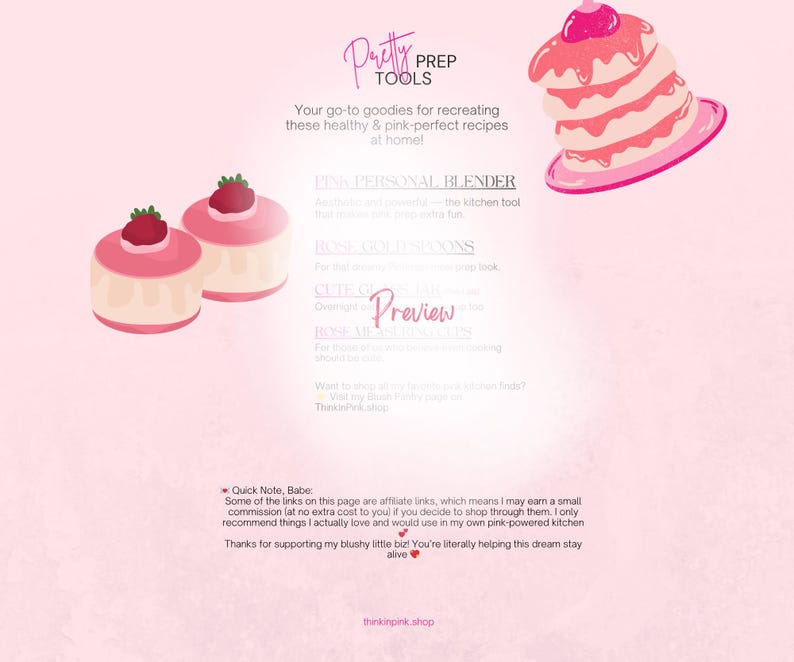 K&ouml;nnte beinhalten: Eine rosa Grafik mit dem Text "Pretty Prep Tools" und einem Stapel Pfannkuchen mit einer Kirsche oben drauf. Zwei kleine Kuchen mit Erdbeeren sind ebenfalls abgebildet. Der Text lautet: "Ihre Goodies zum Nachkochen dieser gesunden und pink-perfekten Rezepte zu Hause!"