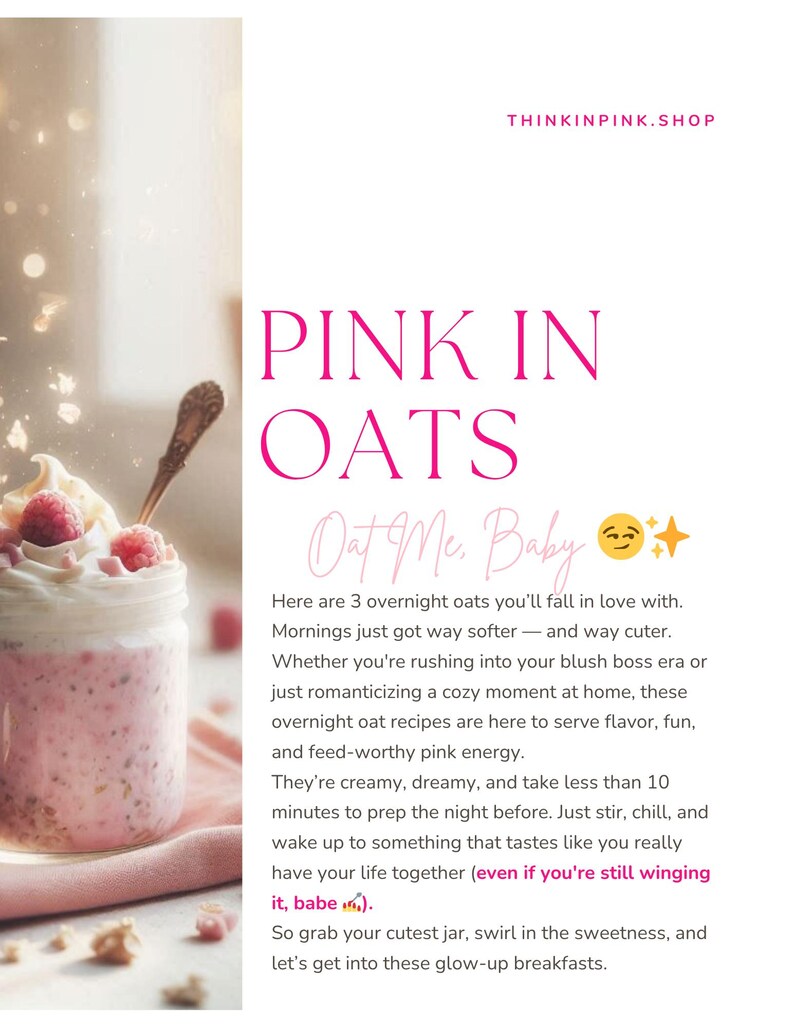 K&ouml;nnte beinhalten: Ein Glas rosa Overnight Oats, garniert mit Schlagsahne und Himbeeren. Der Text "PINK IN OATS" ist in Rosa dargestellt, zusammen mit einer Website-Adresse. Das Bild wirbt f&uuml;r ein Fr&uuml;hst&uuml;cksrezept.