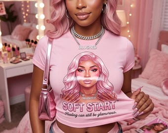 Soft Start pink hair portrait Tee | Women's crop top