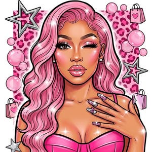 May include: Illustration of a woman with pink hair and makeup, wearing a pink corset. The image includes the text "BLUSH RUSH" and "Pretty girls cause pressure."