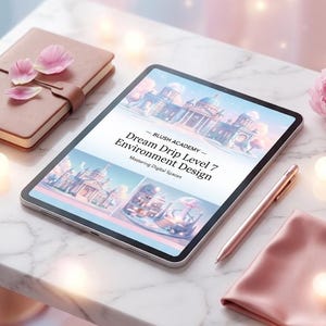 May include: A digital tablet displays a graphic with the text "Dream Drip Level 7 Environment Design" and architectural illustrations. A rose gold pen, a pink silk cloth, and a leather-bound notebook with flower petals are on a marble surface.