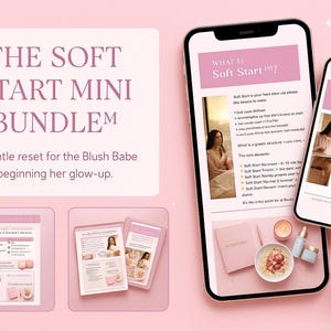 May include: A pink-themed product display featuring a smartphone and a smaller phone displaying content. The text "THE SOFT START MINI BUNDLE" is visible, along with other printed materials and beauty products. A candle and a bowl of food are also present.
