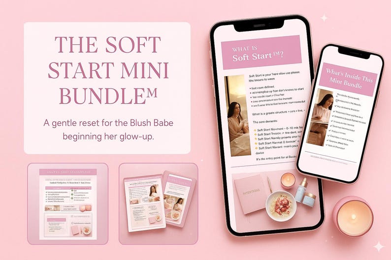 May include: A pink-themed product display featuring a smartphone and a smaller phone displaying content. The text "THE SOFT START MINI BUNDLE" is visible, along with other printed materials and beauty products. A candle and a bowl of food are also present.